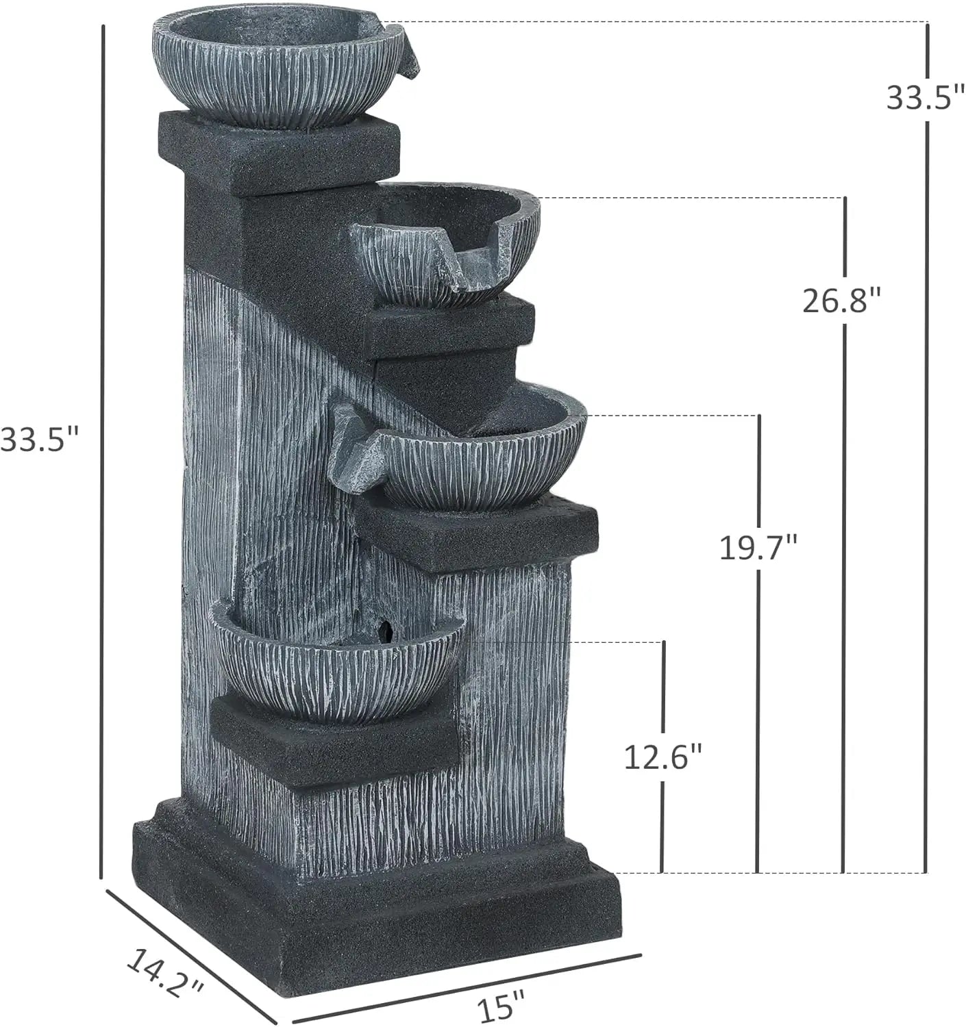 33.5 Inch Tall Outdoor Water Fountain 4 Tier Floor Standing Resin Cascading Bowls Waterfall Fountain with LED Lights and Pump for Garden Patio Backyard