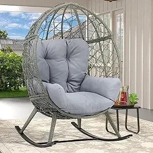 Wicker Rocking Egg Chair Oversized Indoor Outdoor Rattan Rocking Chair Black Beige
