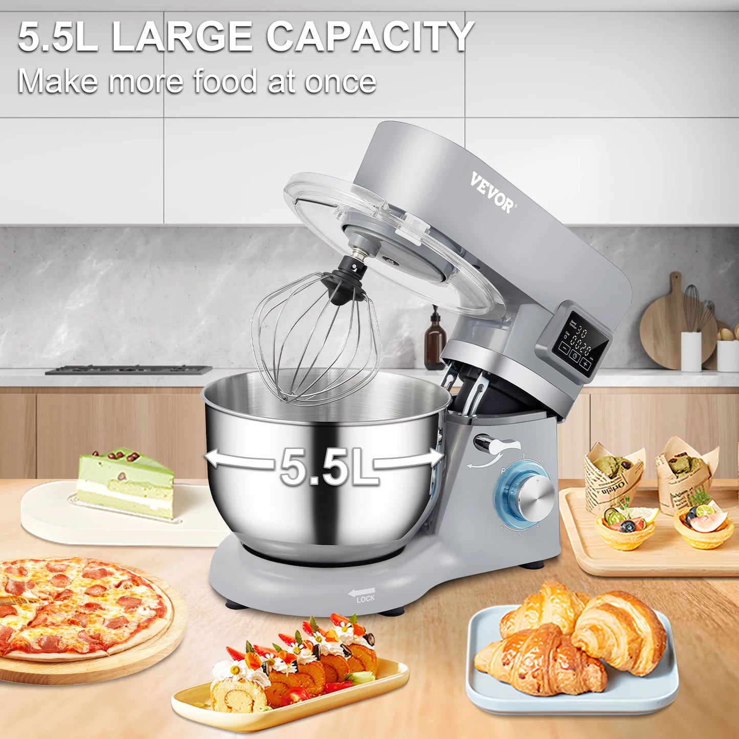 Electric Dough Mixer with 6 Speeds LCD Screen Timing 5.8 Qt Stainless Steel Bowl Dough Hook Flat Beater