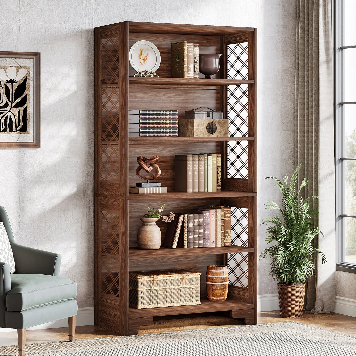 Tribesigns 5 Tier Industrial Wood Bookcase 71 Inch Modern Bookshelf