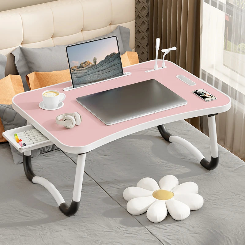 Portable Laptop Desk with USB Light Small Fan Cup Holder Tablet Slot and Lifting Handle
