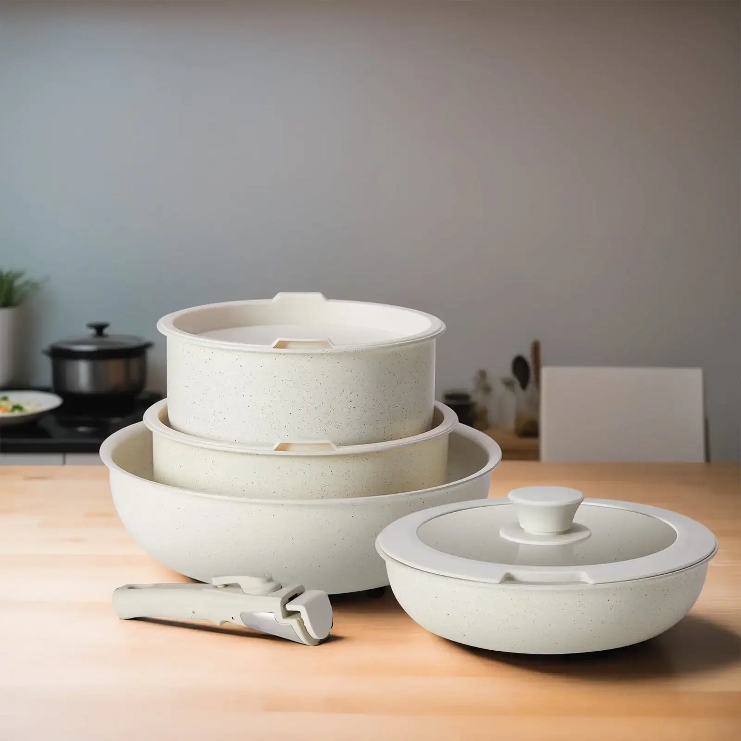 12pcs Non-Stick Cookware Set, Detachable Handle, Beige