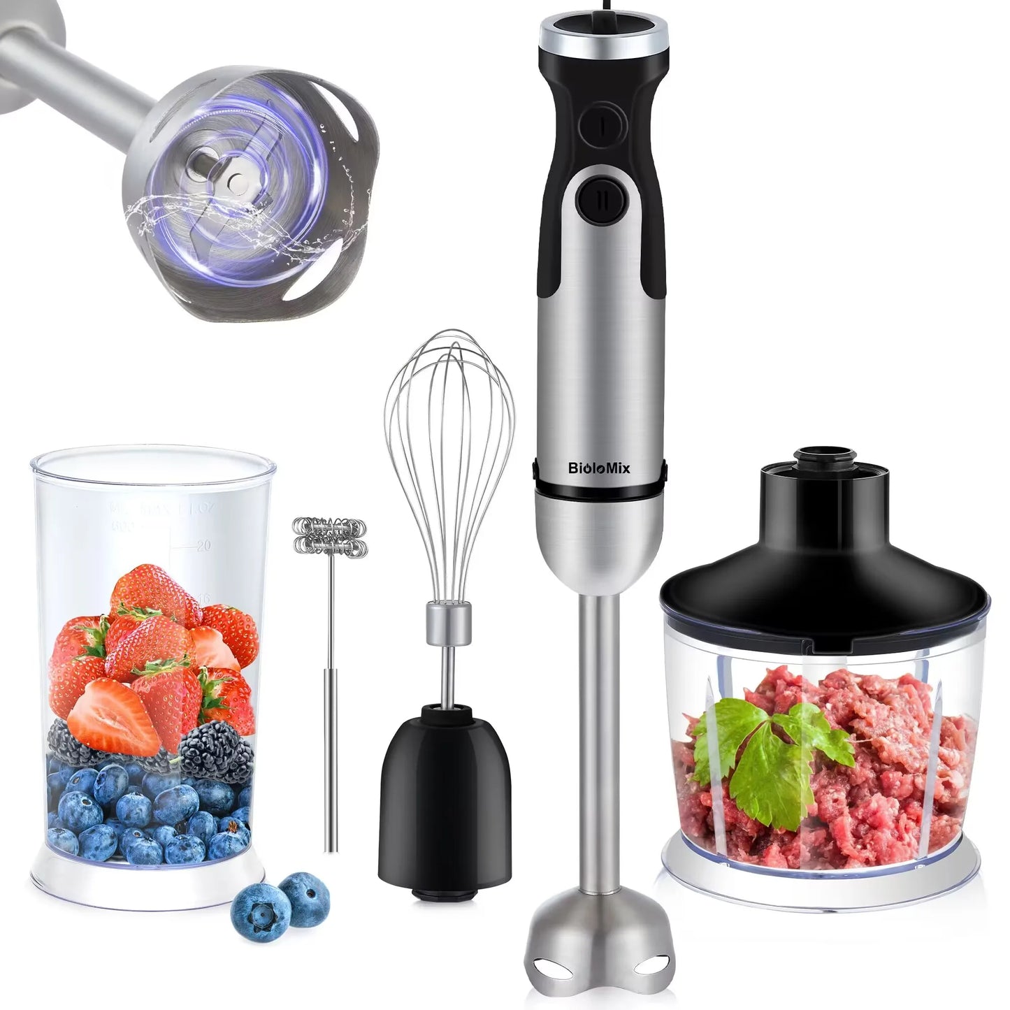 1200W 5-in-1 Immersion Hand Stick Blender Mixer Vegetable Meat Grinder 800ml Chopper Whisk 600ml Smoothie Cup
