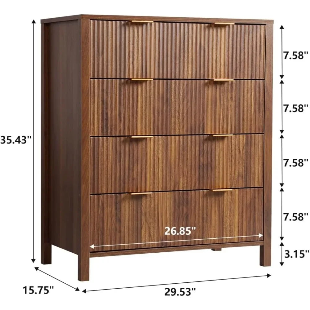 Mid-Century 4 Drawers Bedside Nightstand in Walnut Finish