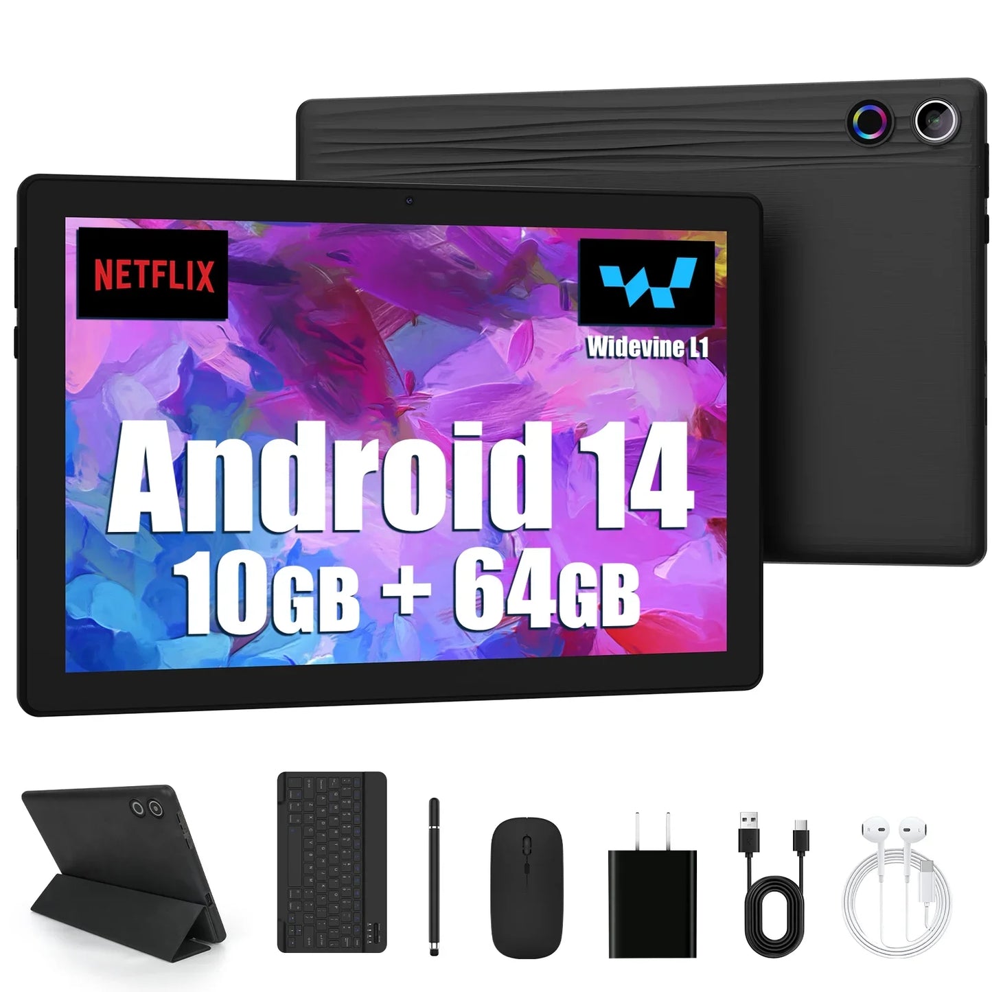 Android 14 10 Inch Tablet A523 Octa Core 8GB RAM 64GB ROM Face Unlocked Black with Keyboard and Mouse Set