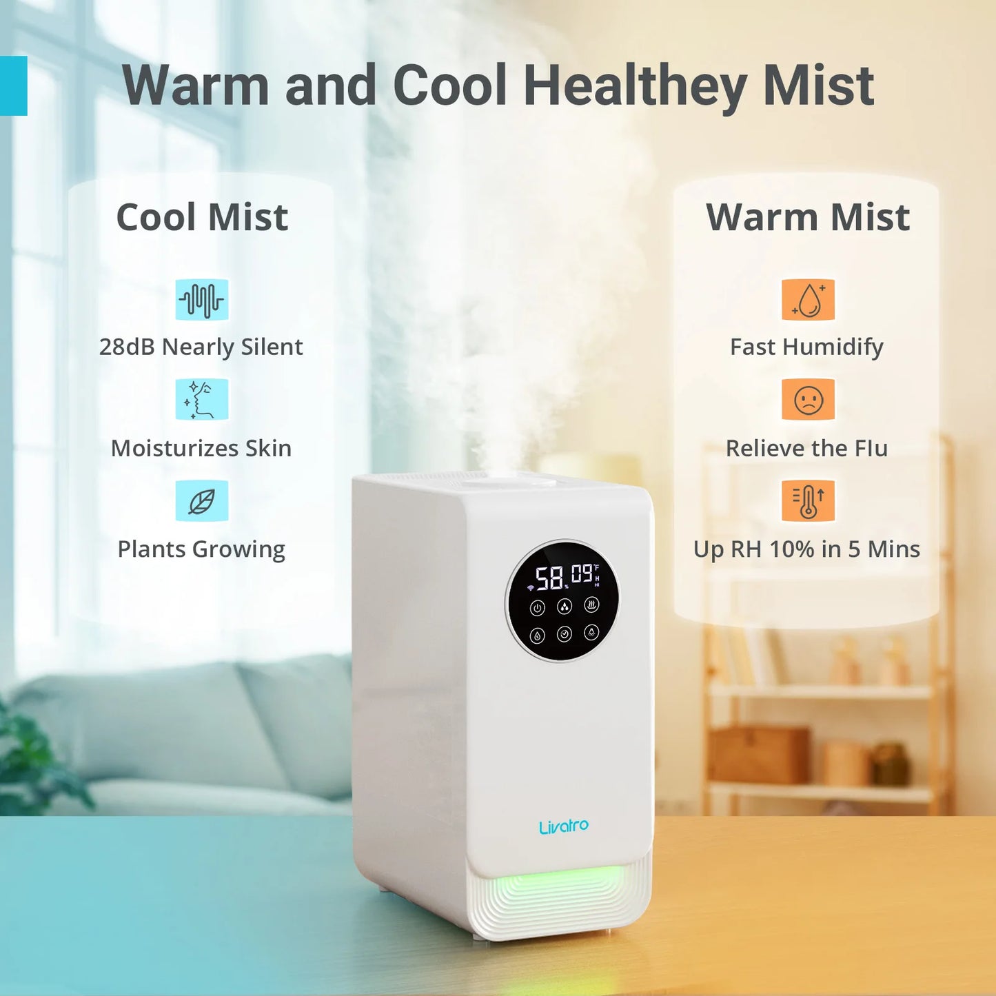 6L Smart Warm & Mist Humidifier for Bedroom - Ultrasonic Comfort