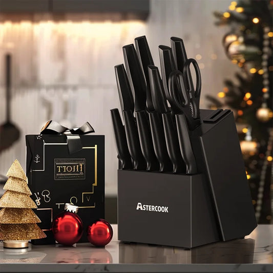 Astercook Kitchen Knife Set with Built in Sharpener Block Dishwasher Safe 15 Pieces German Stainless Steel Knife Block Set