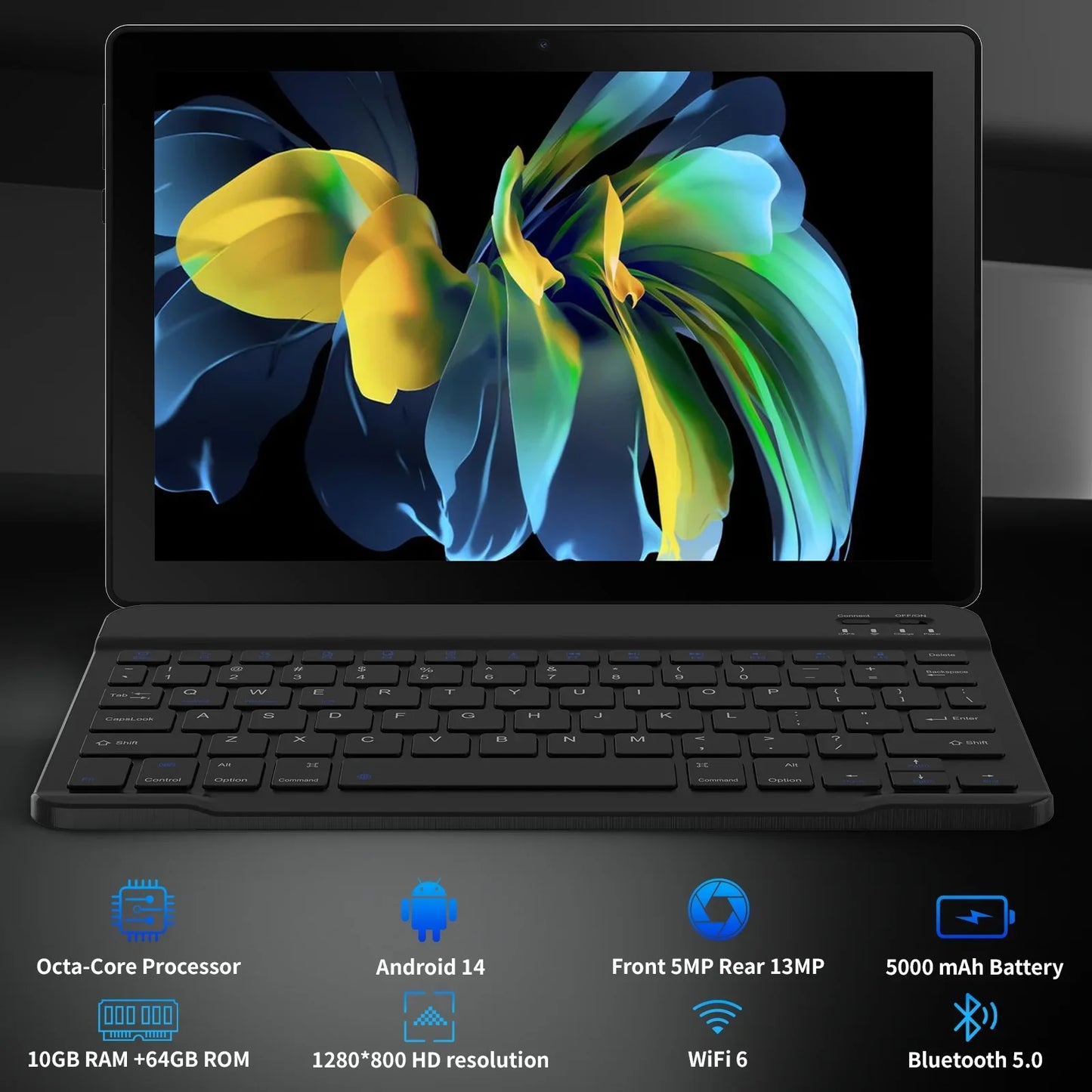Android 14 10 Inch Tablet A523 Octa Core 8GB RAM 64GB ROM Face Unlocked Black with Keyboard and Mouse Set