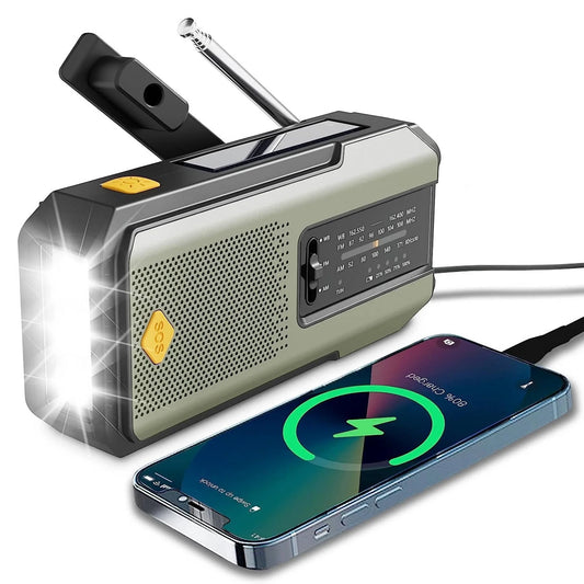 Emergency Weather Radio Multifunctional FM AM WB Hand Crank Solar USB Charging 2000mAh Power Bank LED Flashlight