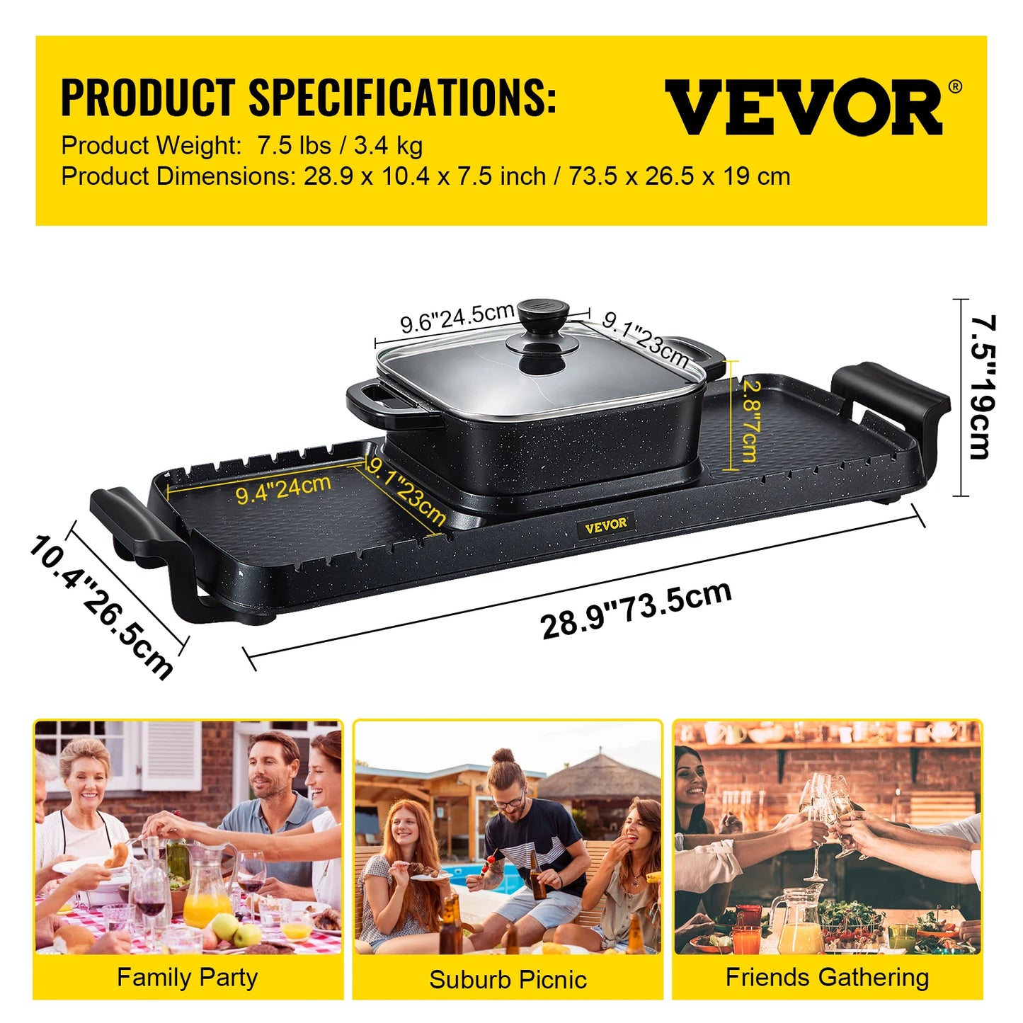 2 In 1 Electric BBQ Pan Grill And Hot Pot 2400W Smokeless