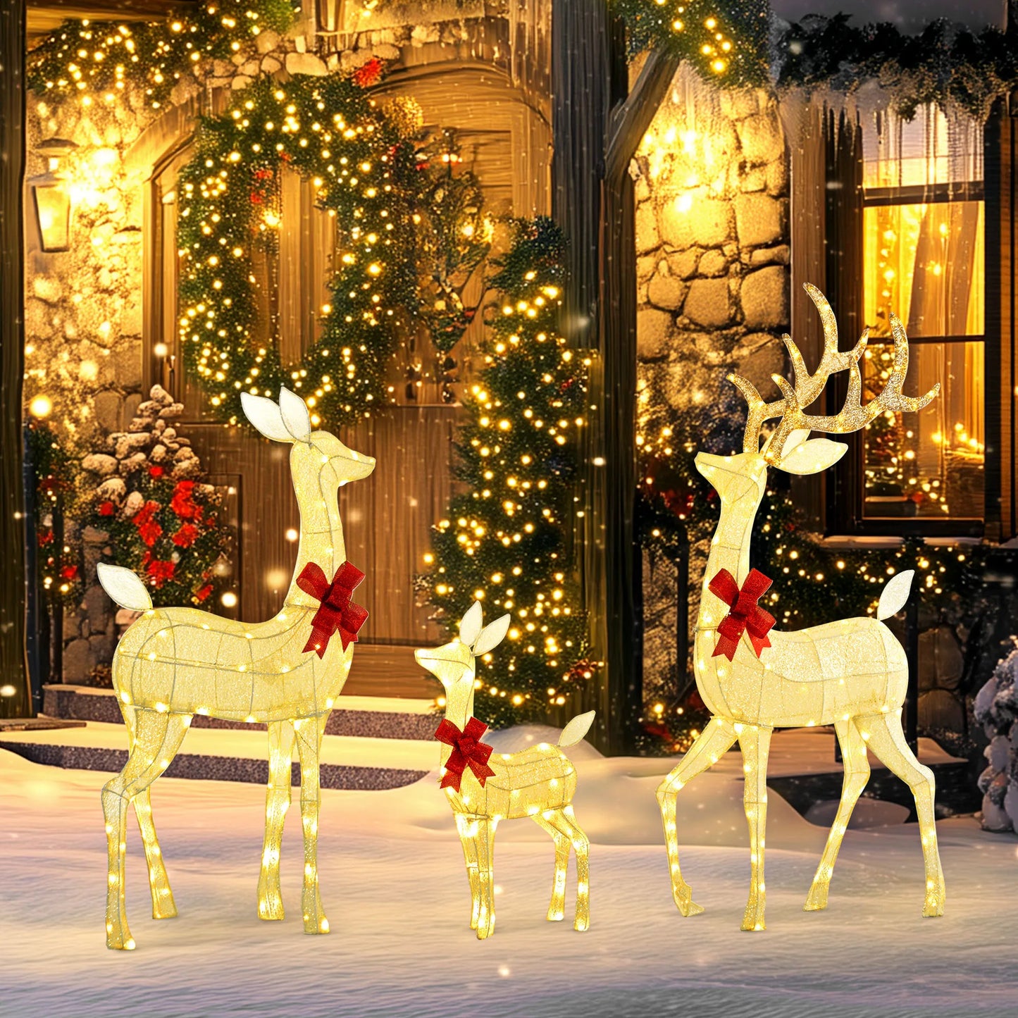 Light Up Christmas Deer Family Set Of 3 Exterior Garden Decor With Silver Finish And Led Lights