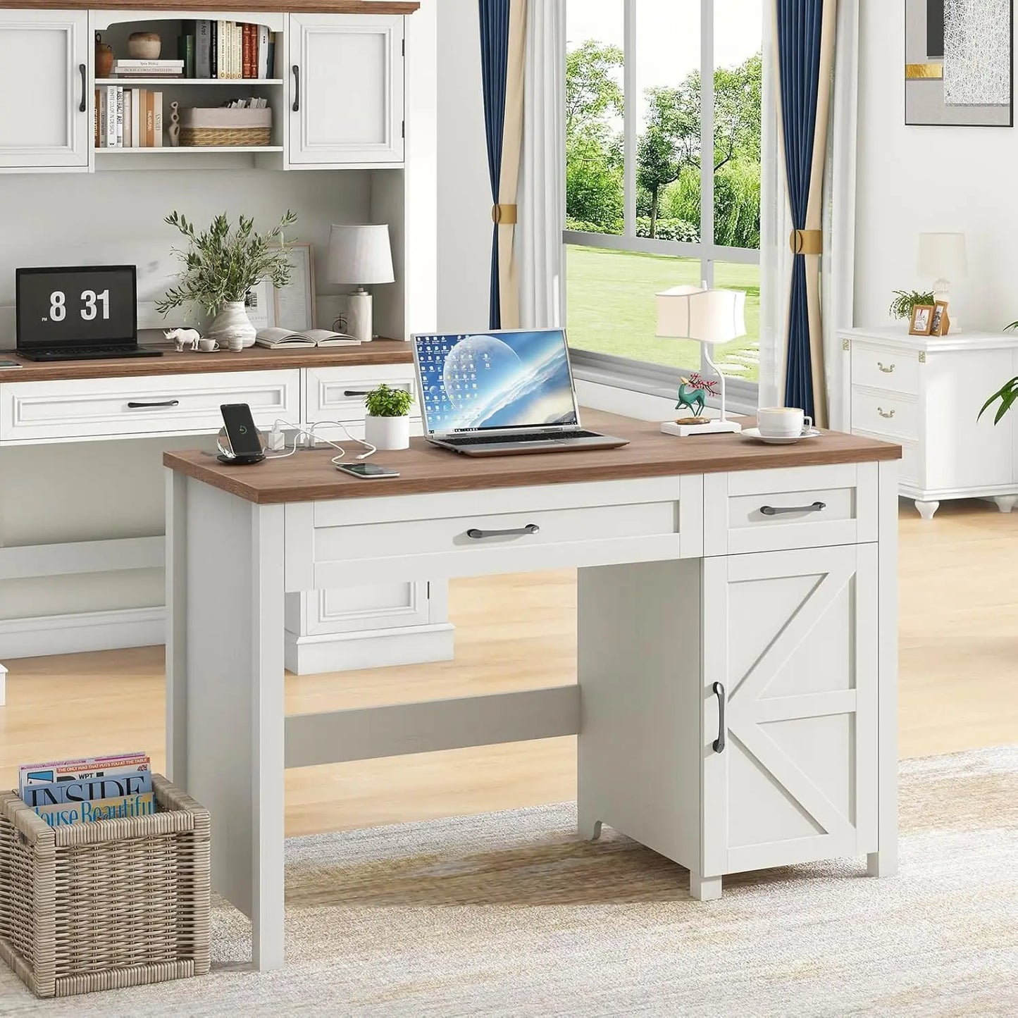 Elegant 47 Inch Farmhouse Style Executive Desk With Storage