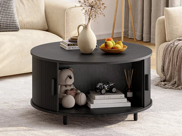 Round Coffee Table With Storage 31.5 Inches Modern Curved Sliding Door