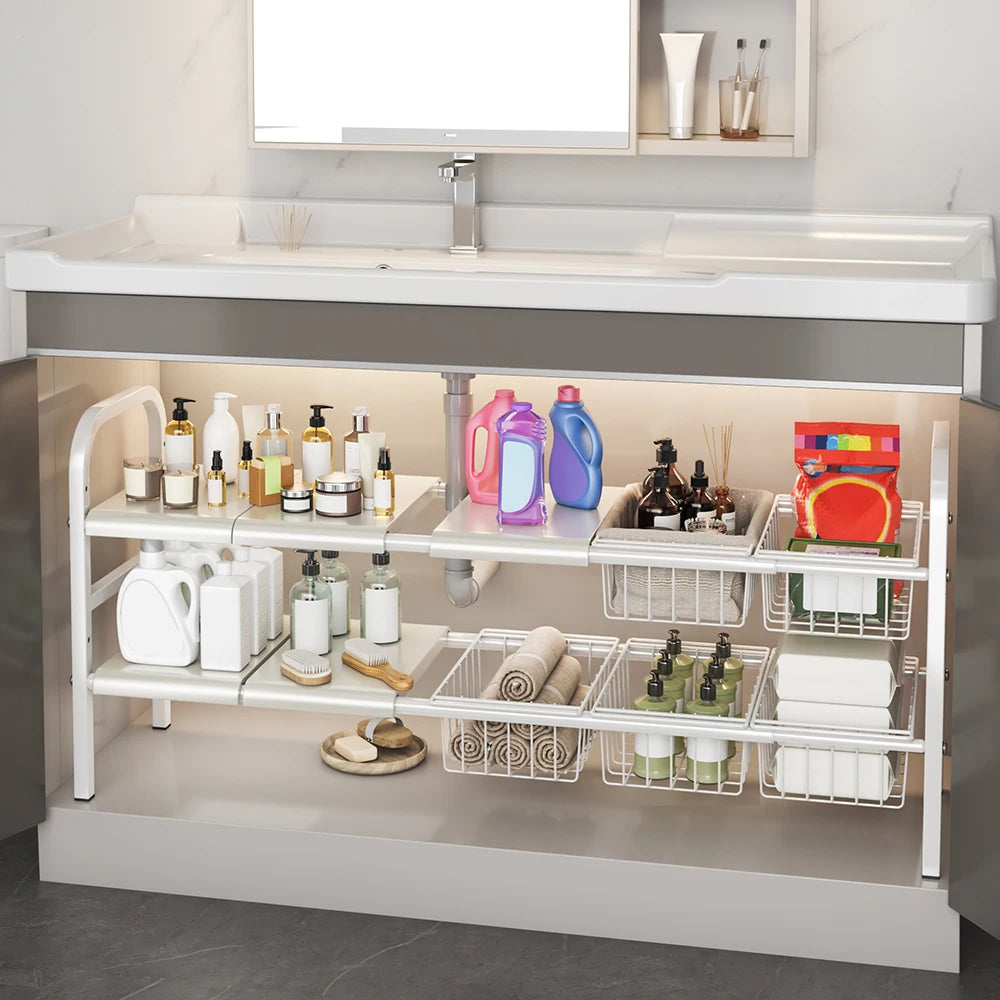 1 Set Multi Use Kitchen Under Bathroom Sink Organizers Expandable Cabinet Shelf Organizer Storage Rack With Removable Baskets