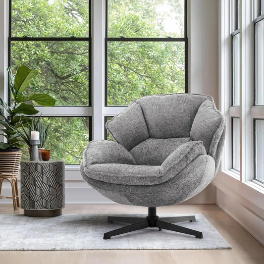 Grey Fabric Upholstered Swivel Accent Chair With Metal Legs
