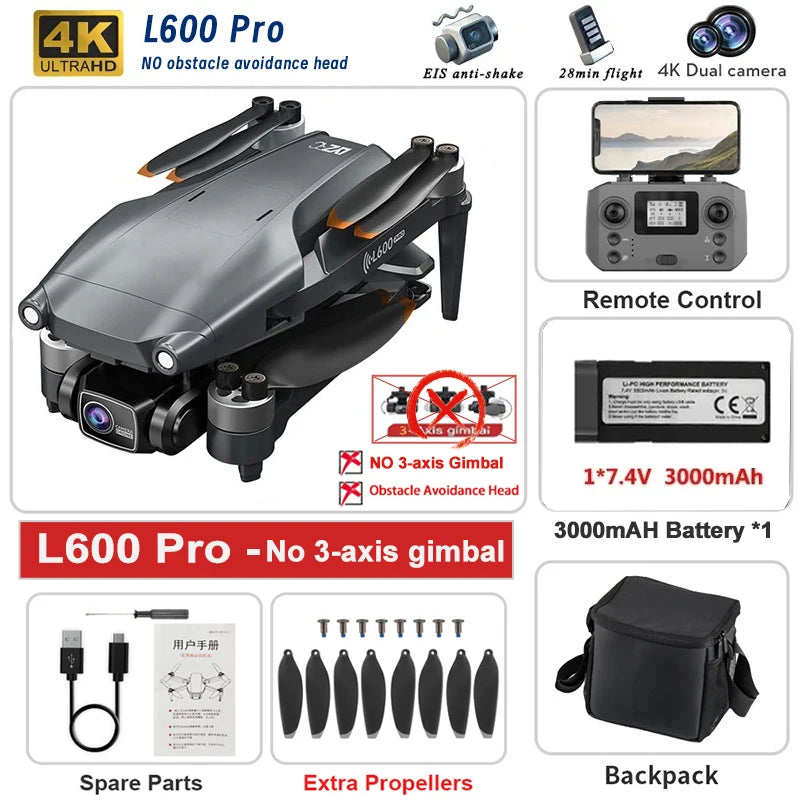 L600 PRO MAX Drone 4K Professional 3-Axis Gimbal HD Dual Camera 360° Obstacle Avoidance Brushless