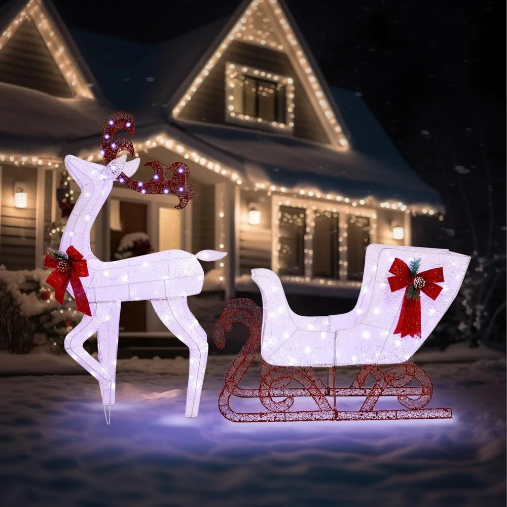 Yard Decoration Reindeer And Sleigh With 200 LED Lights Outdoor Holiday Decor