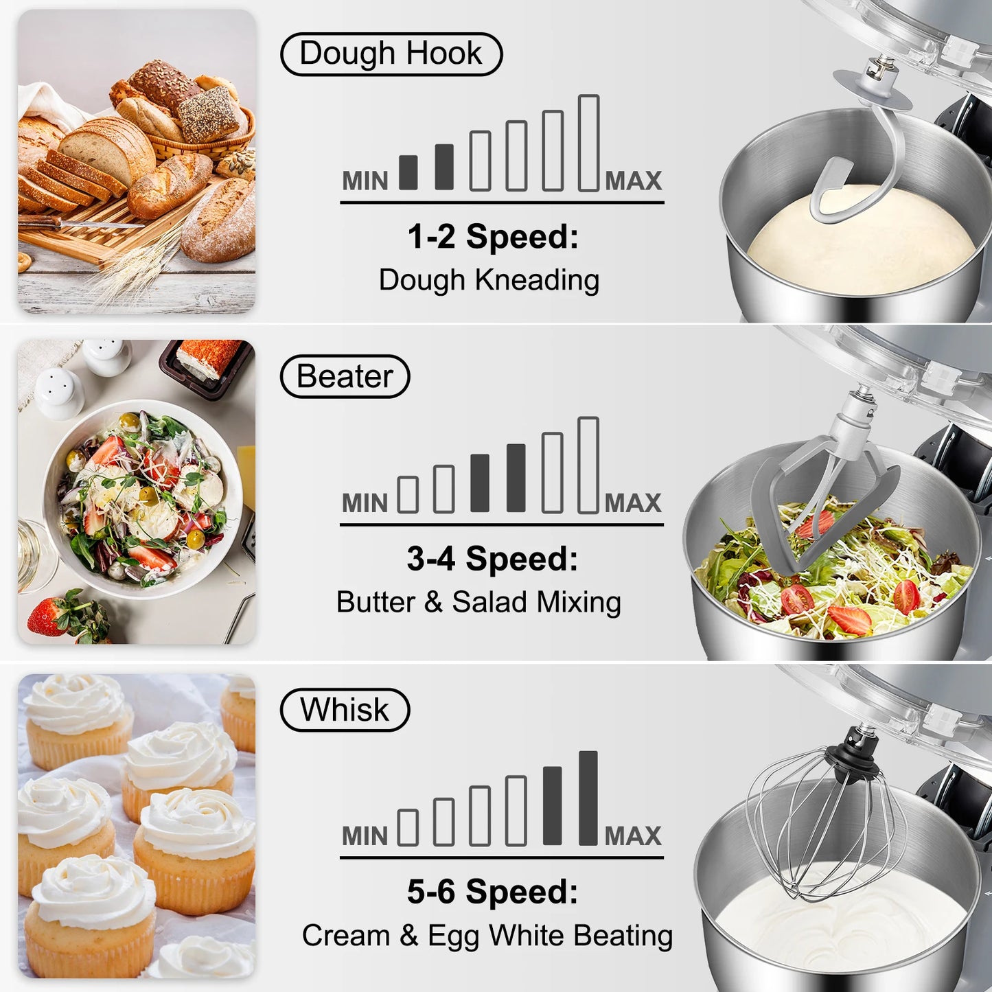 Electric Dough Mixer with 6 Speeds LCD Screen Timing 5.8 Qt Stainless Steel Bowl Dough Hook Flat Beater