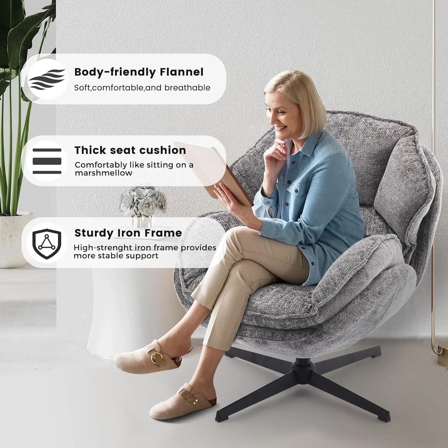 Grey Fabric Upholstered Swivel Accent Chair With Metal Legs