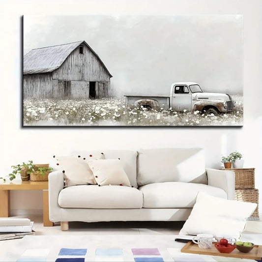 Rustic Farmhouse Canvas Wall Art with 1.5 Inch Thick Pine Solid Wood Frame Vintage Blue Pickup Truck and White Barn Scene