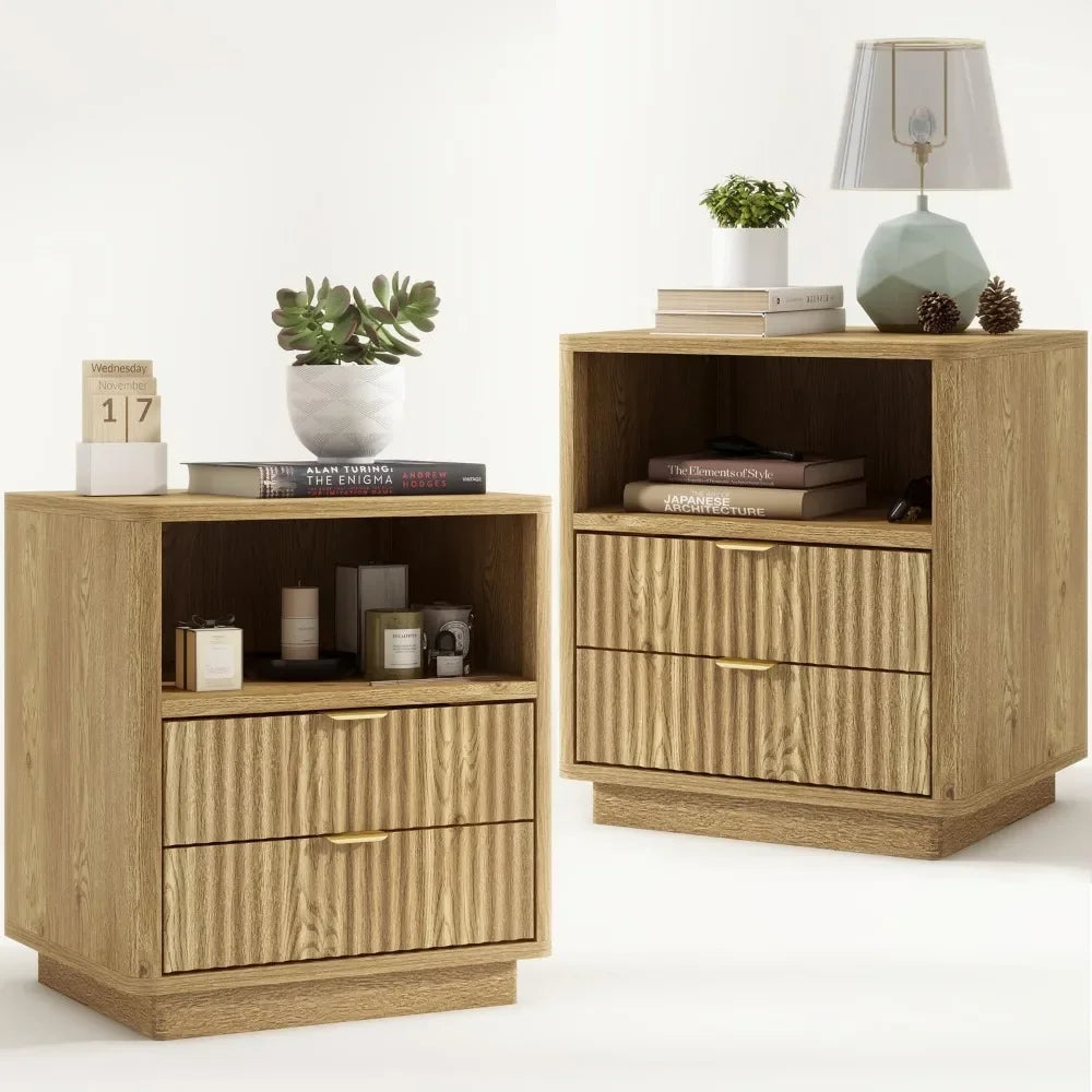 Fluted Nightstands Set of 2 With 2 Drawers and Open Shelves