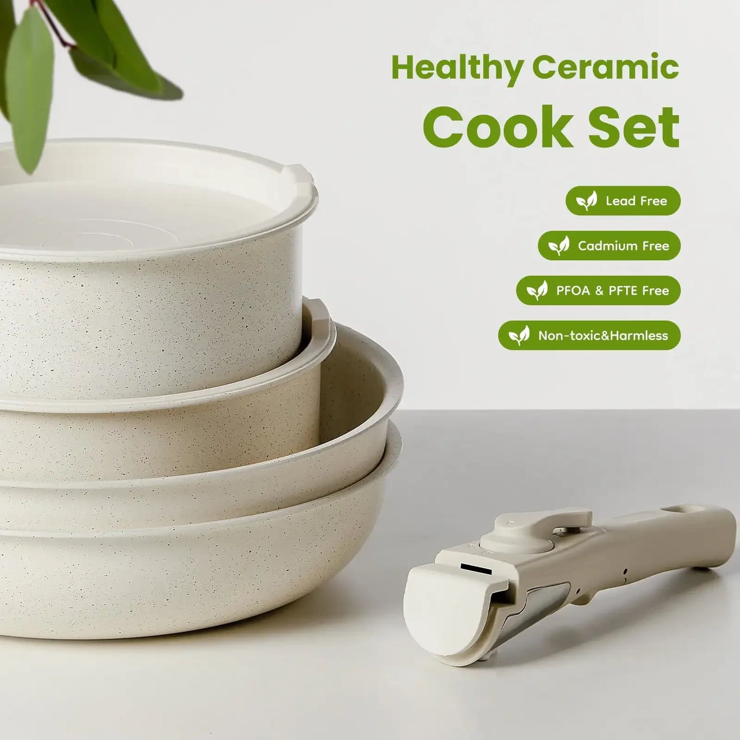 12pcs Non-Stick Cookware Set, Detachable Handle, Beige