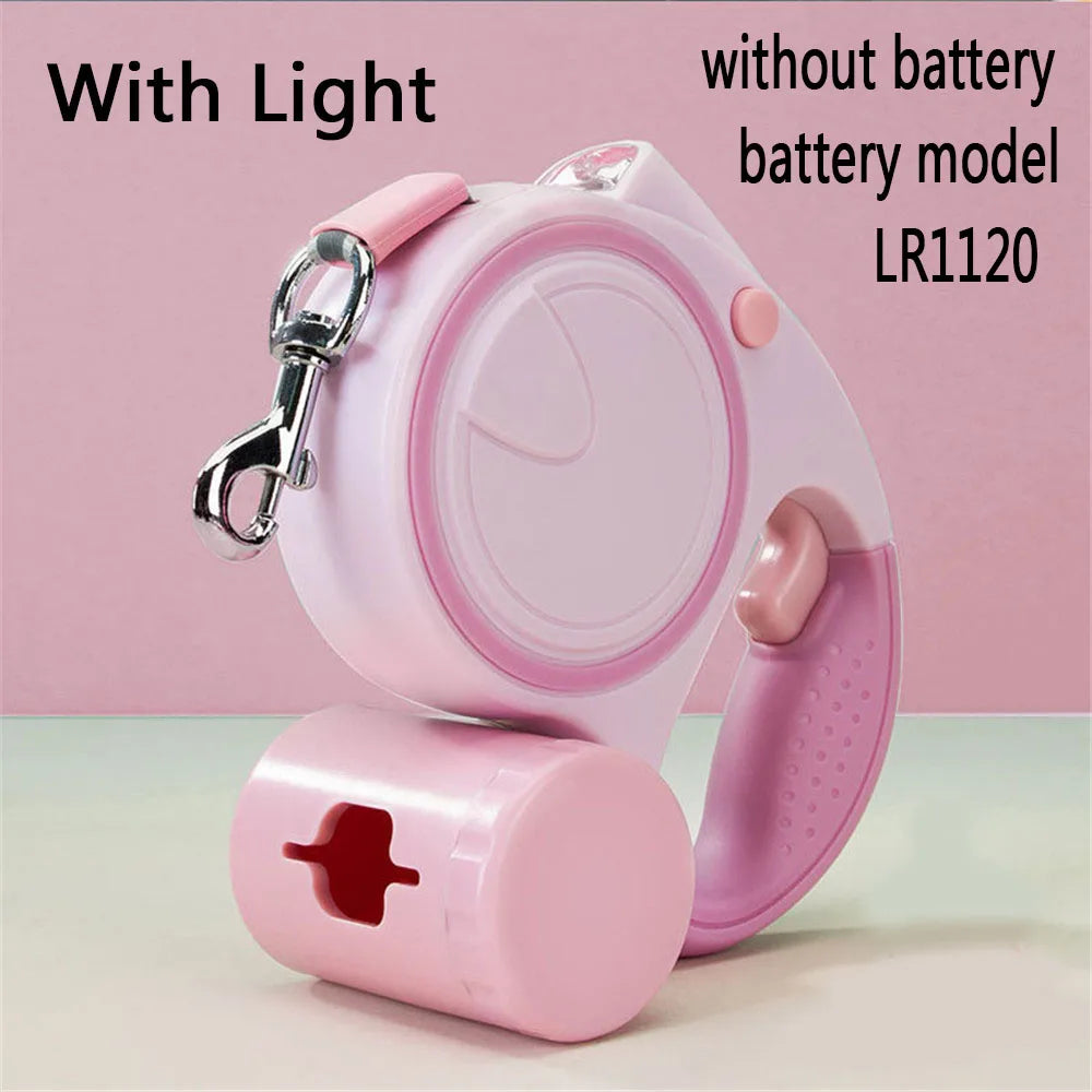 Dog Leash With LED Lights And Garbage Bag Holder Retractable Nylon 5M