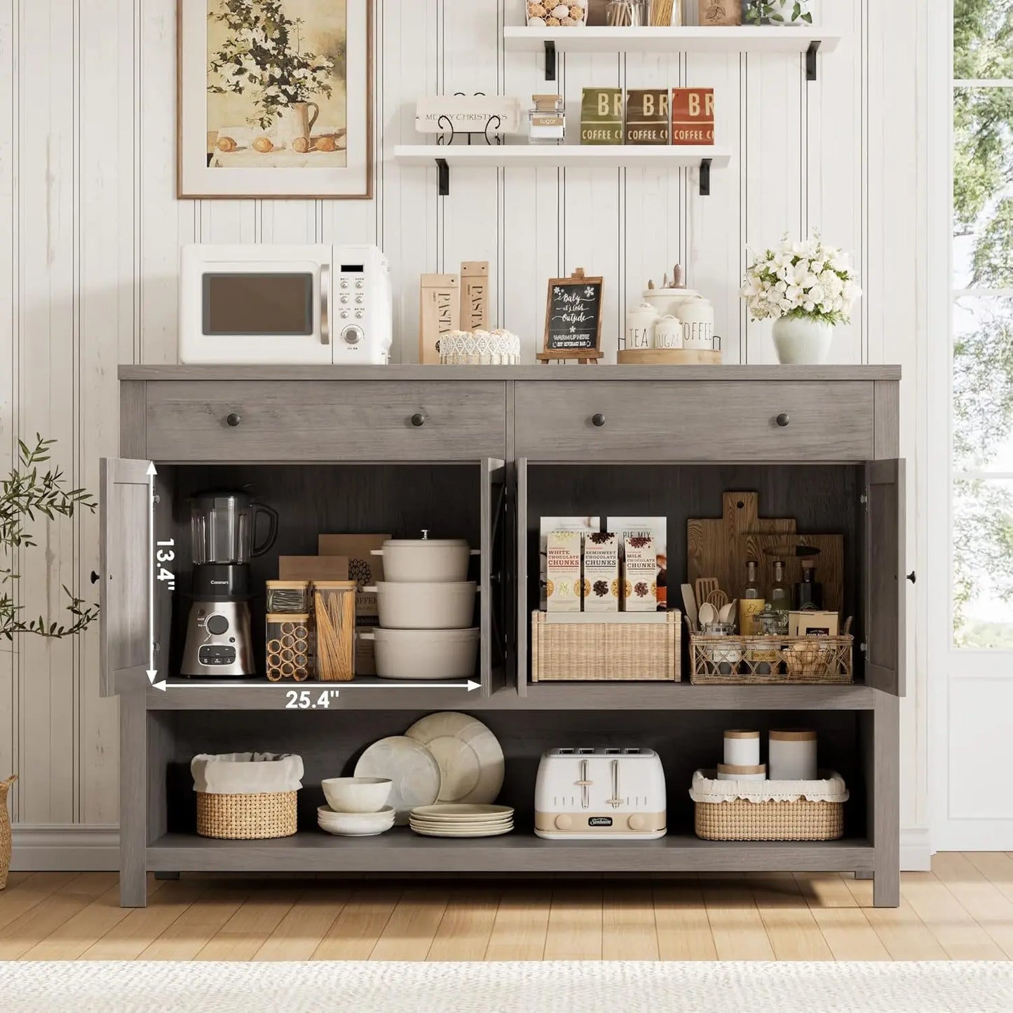55 Inch Buffet Sideboard Cabinet with Storage Coffee Bar Featuring 2 Drawers and Doors Storage Cabinet with Shelf for Kitchen and Living Room