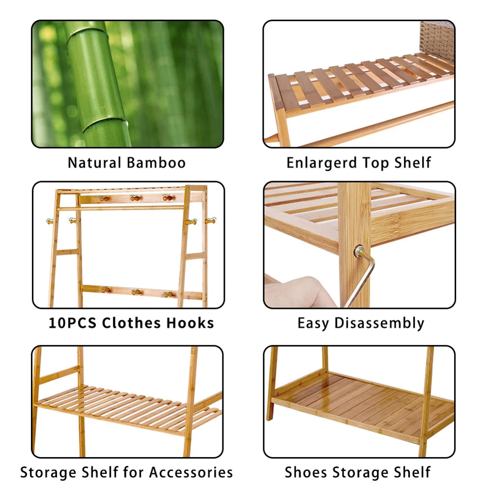 Bamboo Clothes Rail Rack With Ladder Rails And Shoe Storage