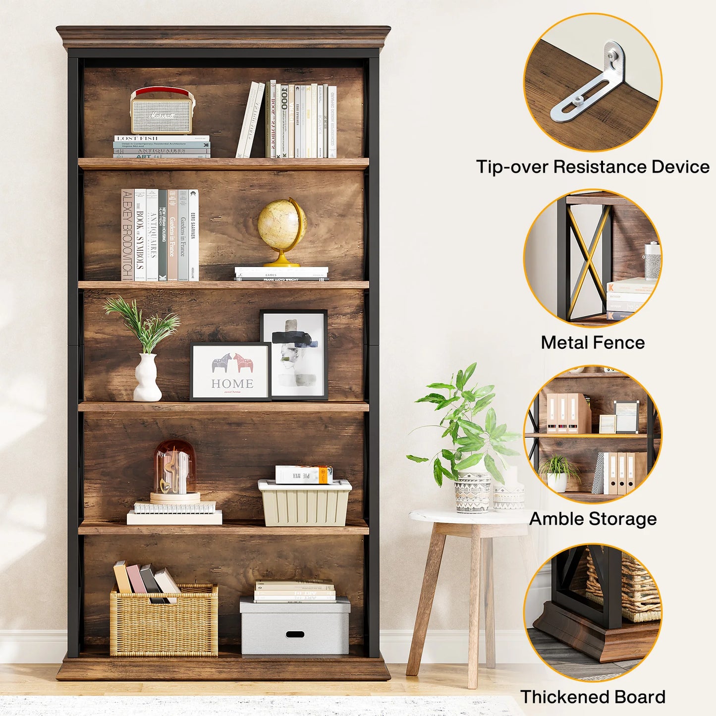 Tribesigns 5 Tier Industrial Wood Bookcase 71 Inch Modern Bookshelf