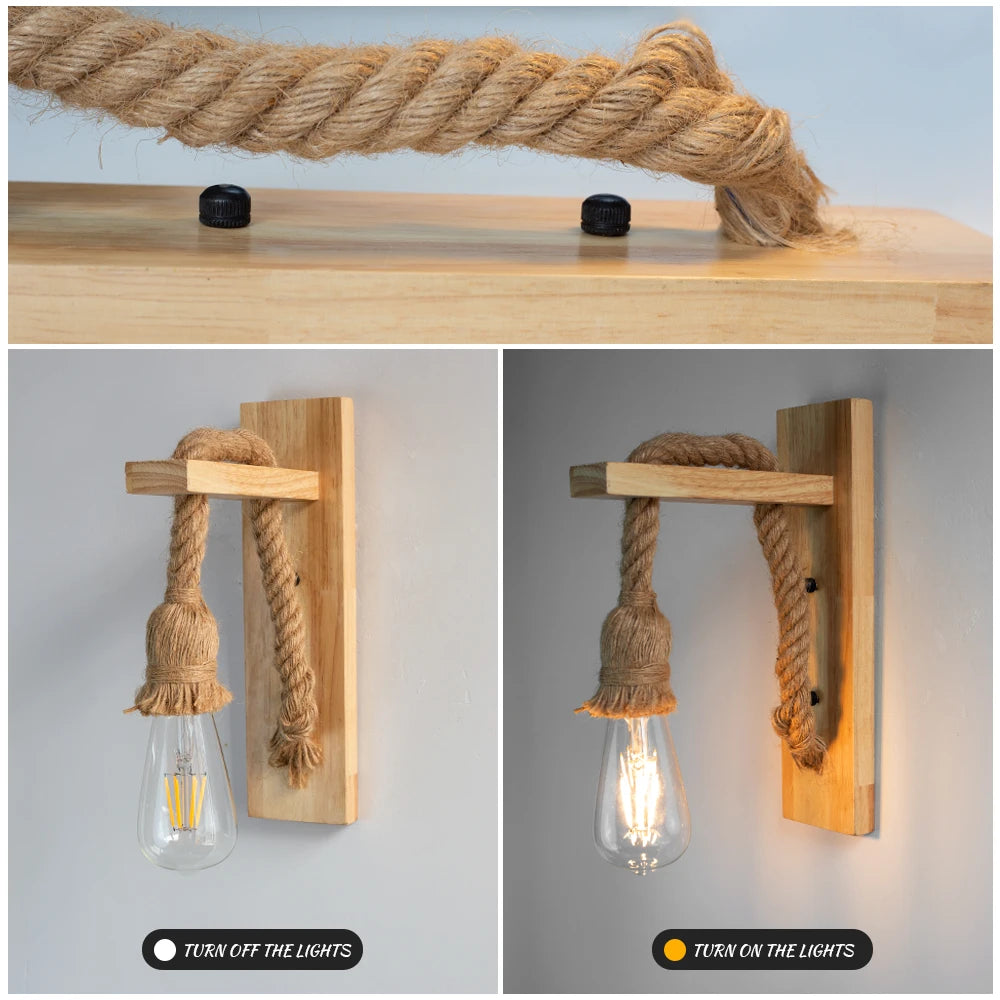Hemp Rope Beige Wood Wall Sconce 110V 220V Indoor Lighting