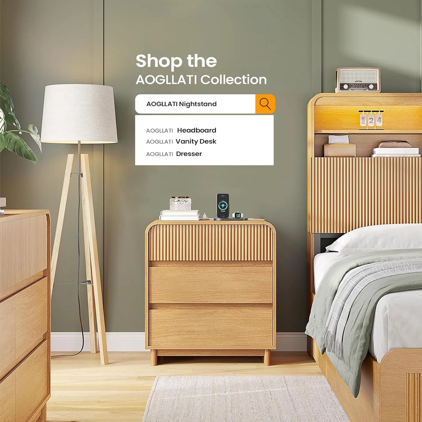 Fluted Nightstand With Charging Station Black 3 Drawer