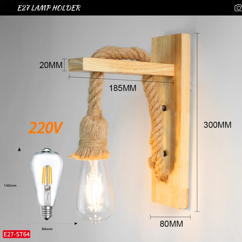 Hemp Rope Beige Wood Wall Sconce 110V 220V Indoor Lighting