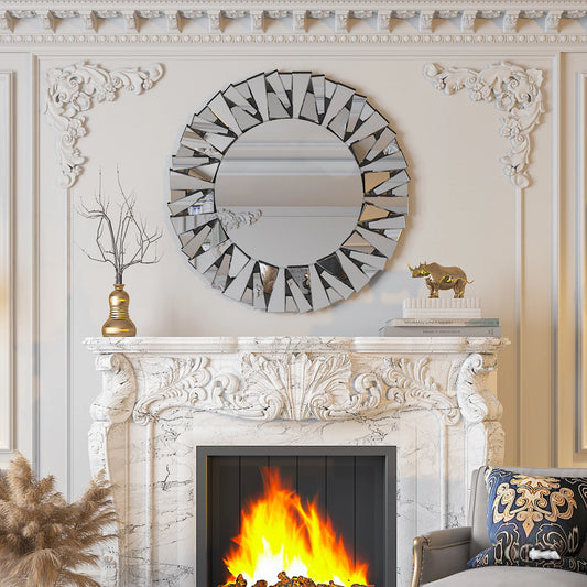 32 Inch Decorative Round Wall Mirror, Sunburst Modern Silver