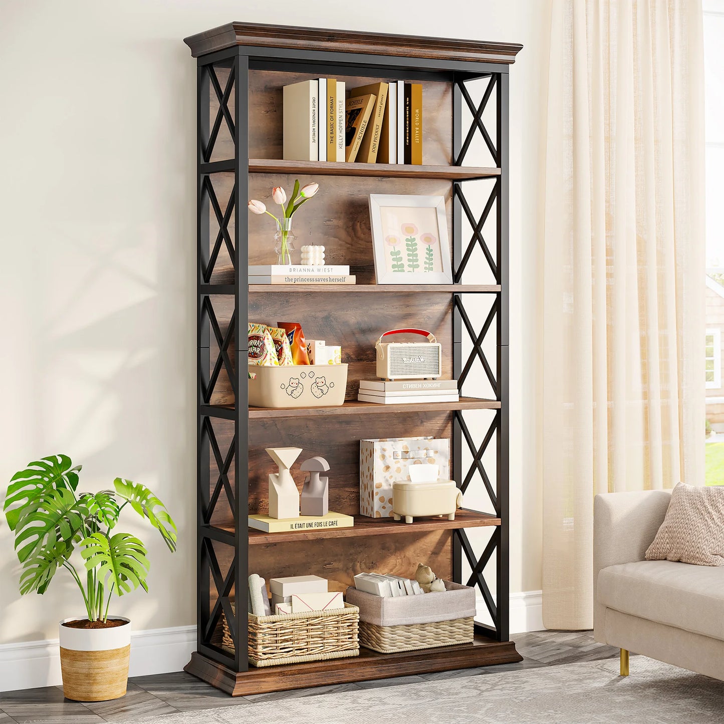 Tribesigns 5 Tier Industrial Wood Bookcase 71 Inch Modern Bookshelf