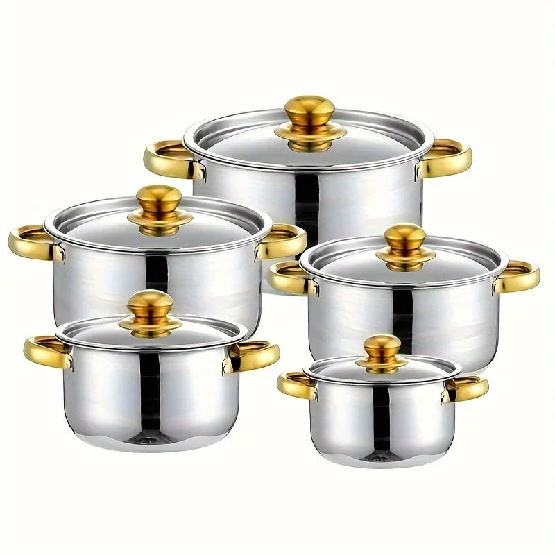 5-Piece Golden Stainless Steel Cookware Set Compatible With All Stoves With Lids
