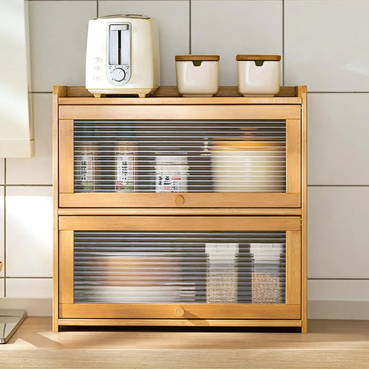 2 Tier Bamboo Storage Cabinet Countertop Organizer with Clear Acrylic Sliding Doors for Kitchen Condiments and Pantry Essentials