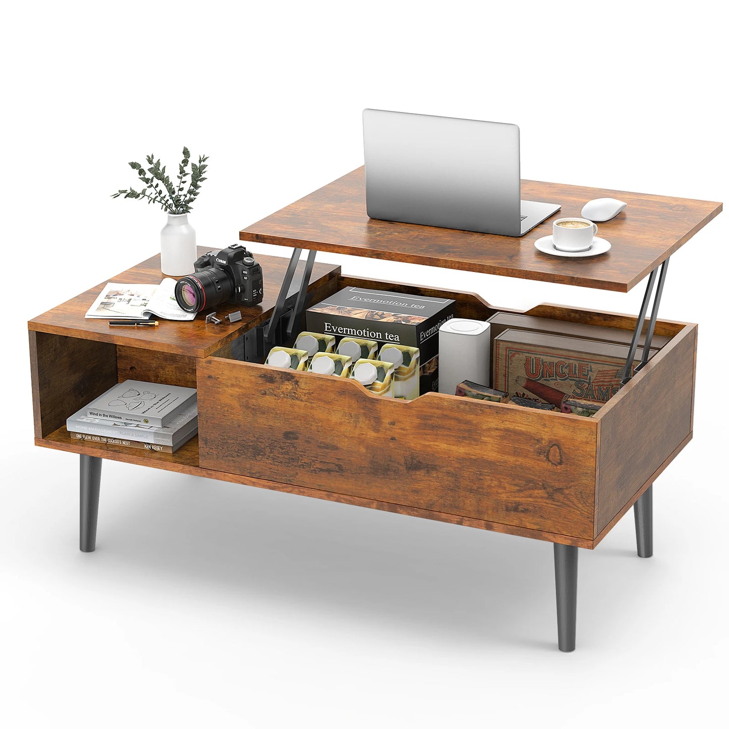 Lift Top Coffee Table For Living Room 39.37 Inch by 19.7 Inch Modern Tea Wood Adjustable Storage Shelf