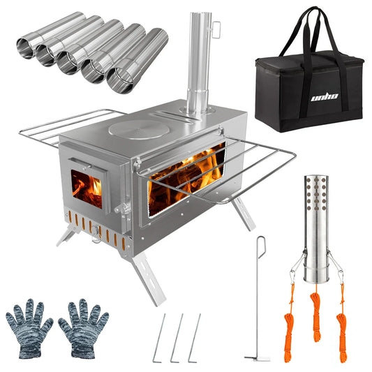 Wood Burning Tent Stove With 6 Stainless Chimney Pipes For Outdoor Cooking