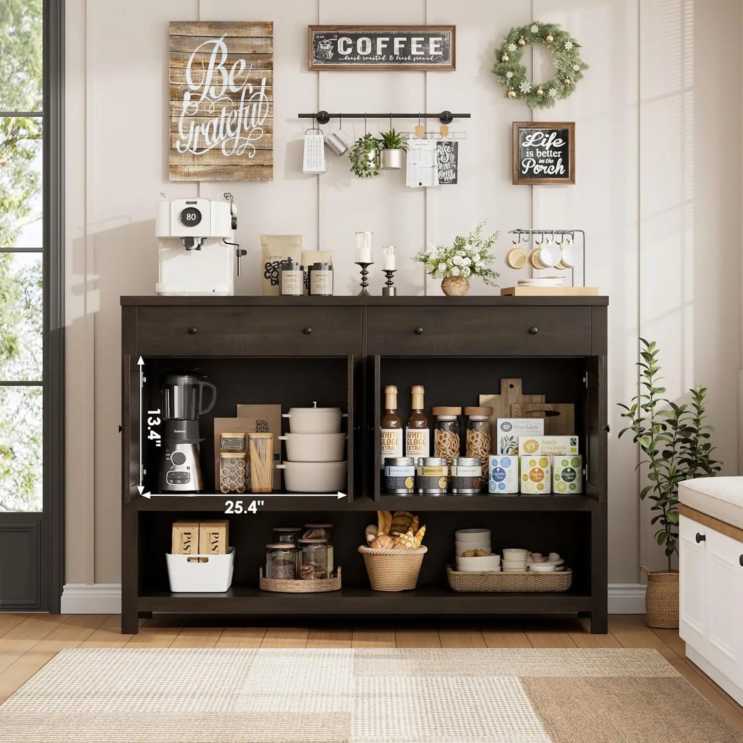 55 Inch Buffet Sideboard Cabinet with Storage Coffee Bar Featuring 2 Drawers and Doors Storage Cabinet with Shelf for Kitchen and Living Room