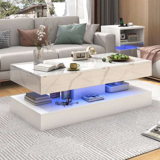Modern Stylish Coffee Table with LED Lights Double Layer Design for Living Room with Storage Drawers