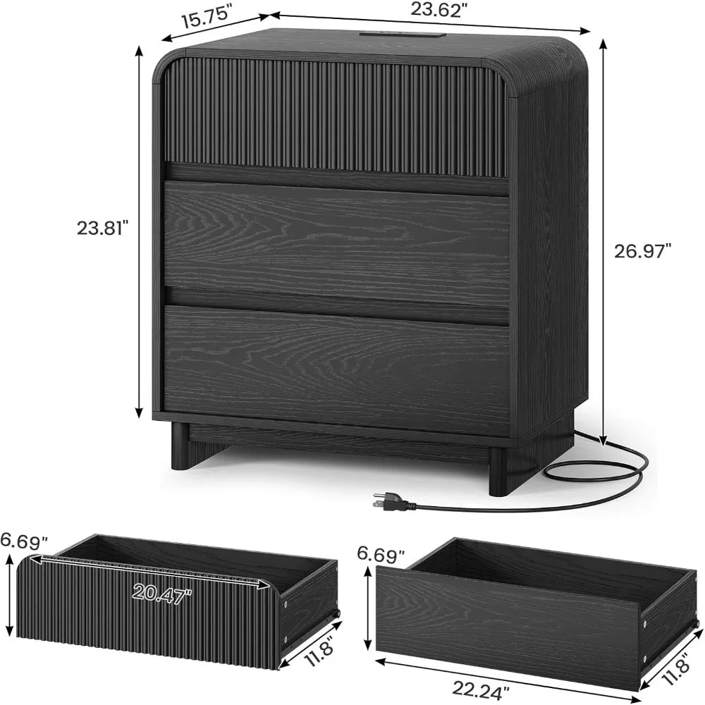 Fluted Nightstand With Charging Station Black 3 Drawer