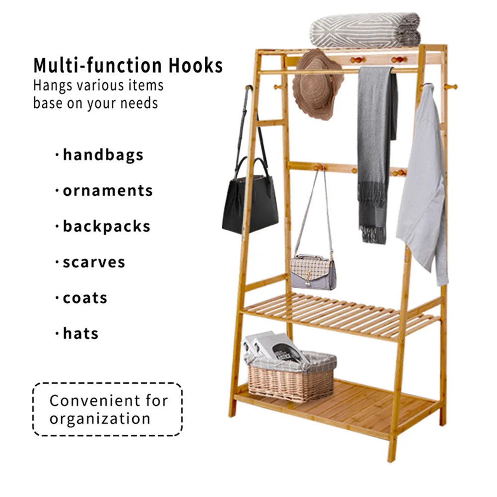Bamboo Clothes Rail Rack With Ladder Rails And Shoe Storage