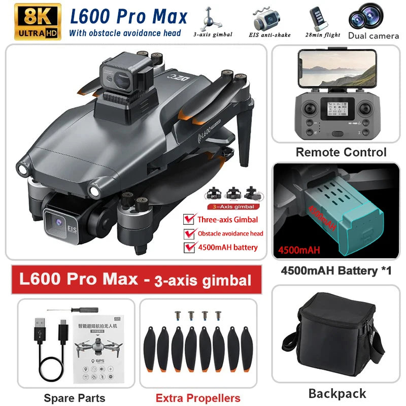 L600 PRO MAX Drone 4K Professional 3-Axis Gimbal HD Dual Camera 360° Obstacle Avoidance Brushless
