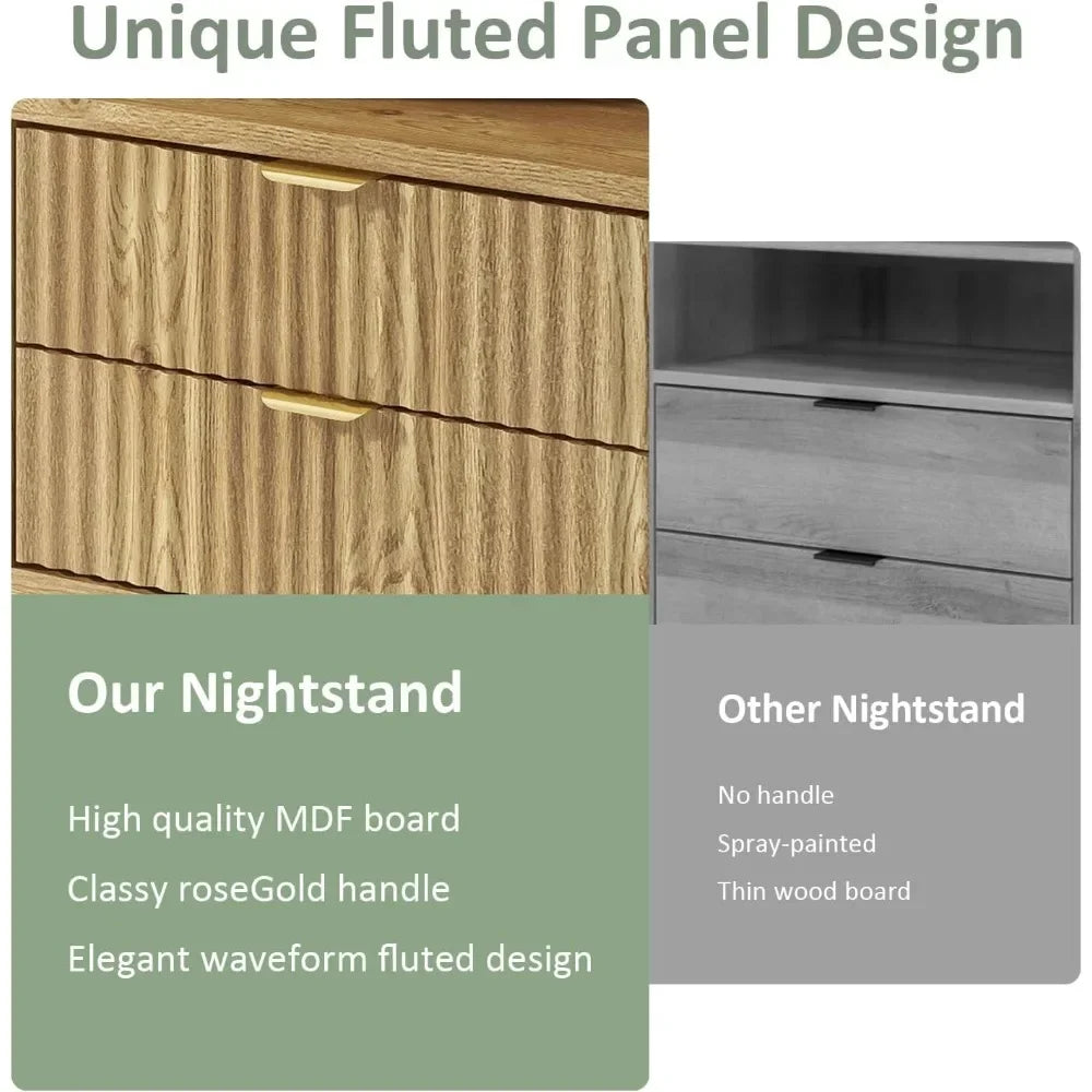 Fluted Nightstands Set of 2 With 2 Drawers and Open Shelves