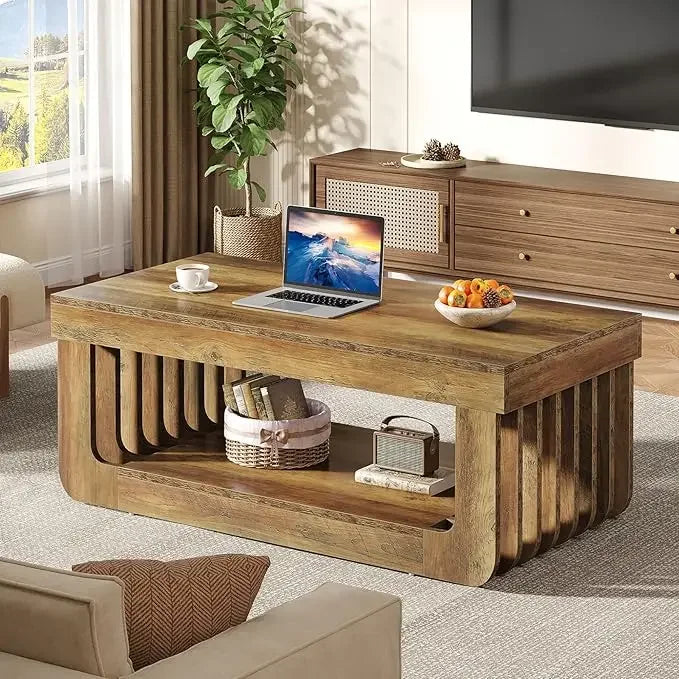 Farmhouse Coffee Table With Storage 47 Inch Rectangle Living Room Table Rustic Brown