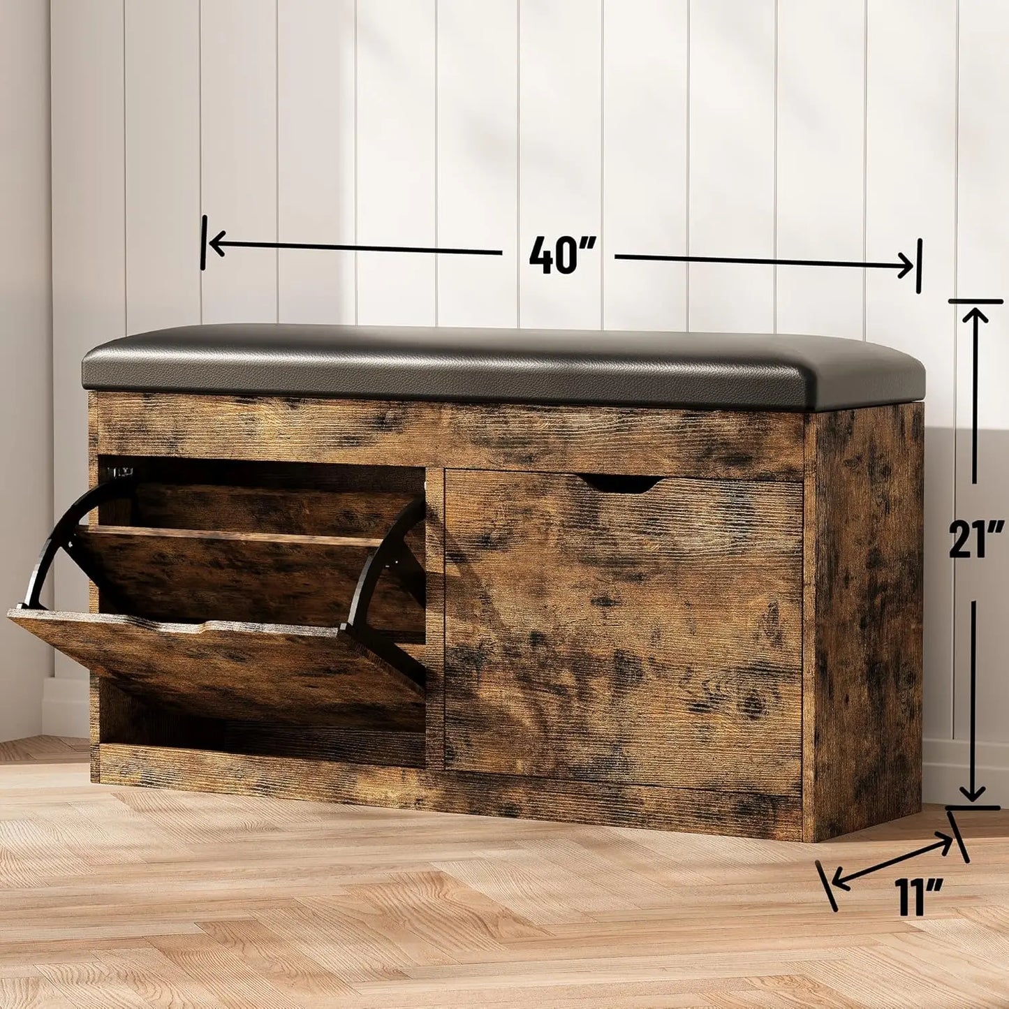 40 Inch Shoe Storage Bench With Two Flip Drawers And Padded Seat