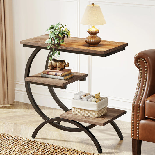 C Shaped End Table Industrial 3 Tier With Storage Shelves For Couch