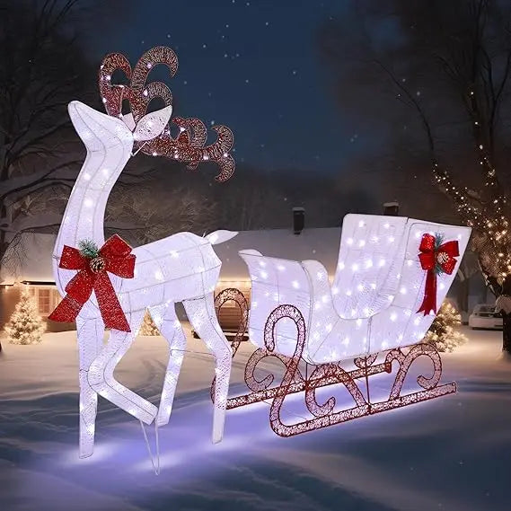 Yard Decoration Reindeer And Sleigh With 200 LED Lights Outdoor Holiday Decor