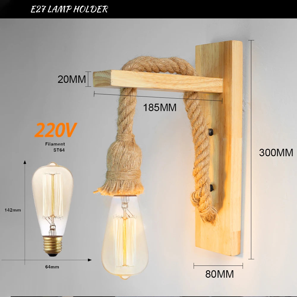 Hemp Rope Beige Wood Wall Sconce 110V 220V Indoor Lighting